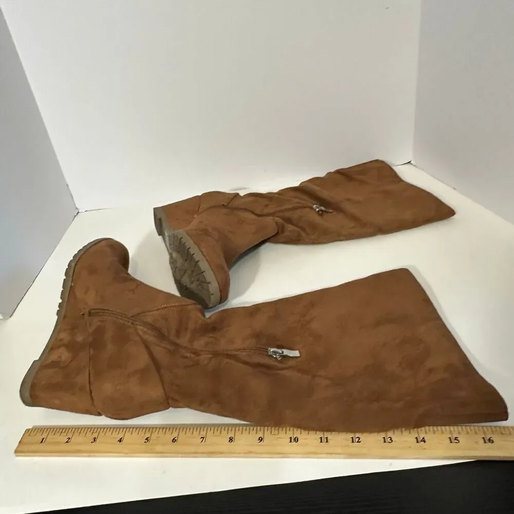 Journee Collection Women’s Micro Suede Knee High Wedge Boots Brown/Tan Faux Sued
